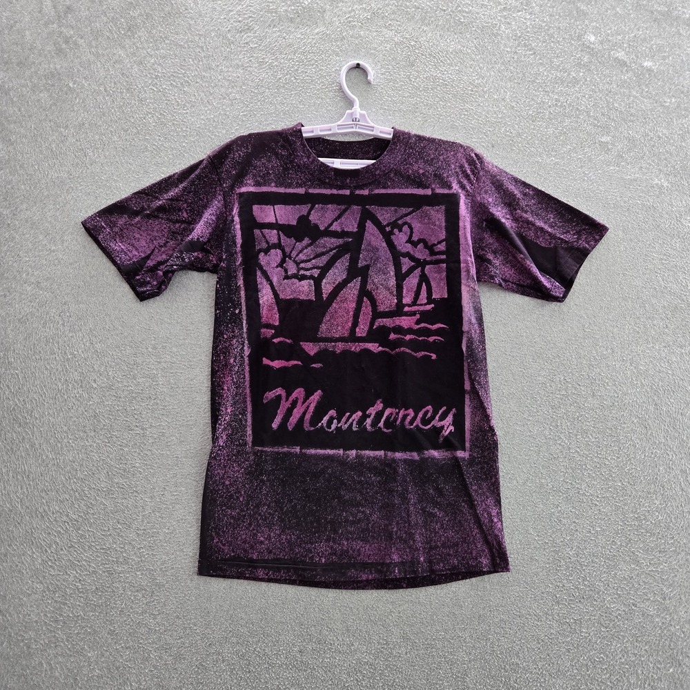 VINTAGE Monterey Bay Men Shirt L Purple Tie Dye California Sailboat 90s USA